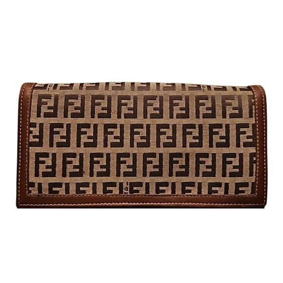 Authentic FENDI ZUCCA Brown Canvas Leather Long Folding Snap WALLET EUC - Picture 1 of 10